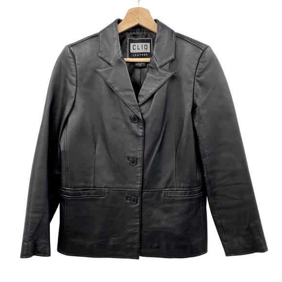 Vintage Clio Black Leather Boxy Blazer Jacket - Picture 1 of 3